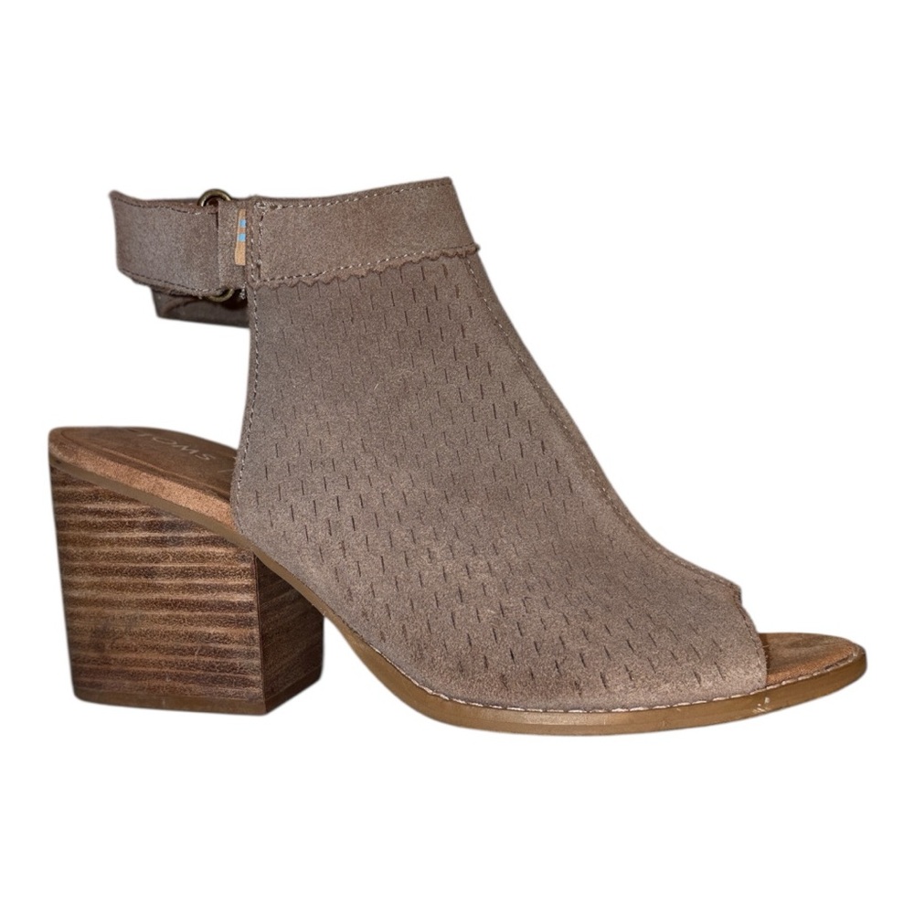 Toms Grenada Taupe Suede Perforated Peep Toe Sandal Heels Sz 8.5